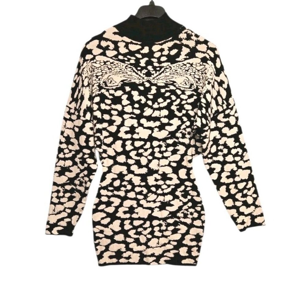 Rehab Lab Women Large Animal Print Sweater Knit Mini Mock Neck Dolman Sleeve